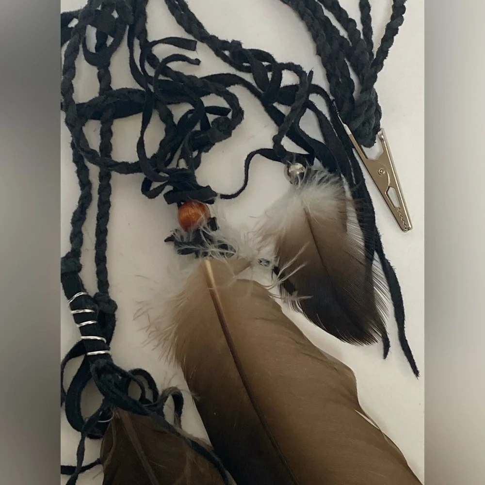 OOAK black leather feather tribal clip set. Festival Burning Man style